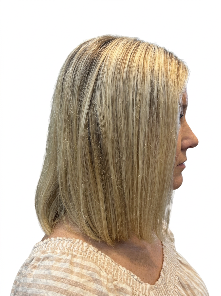 Side profile blonde highlighted bob haircut on white background