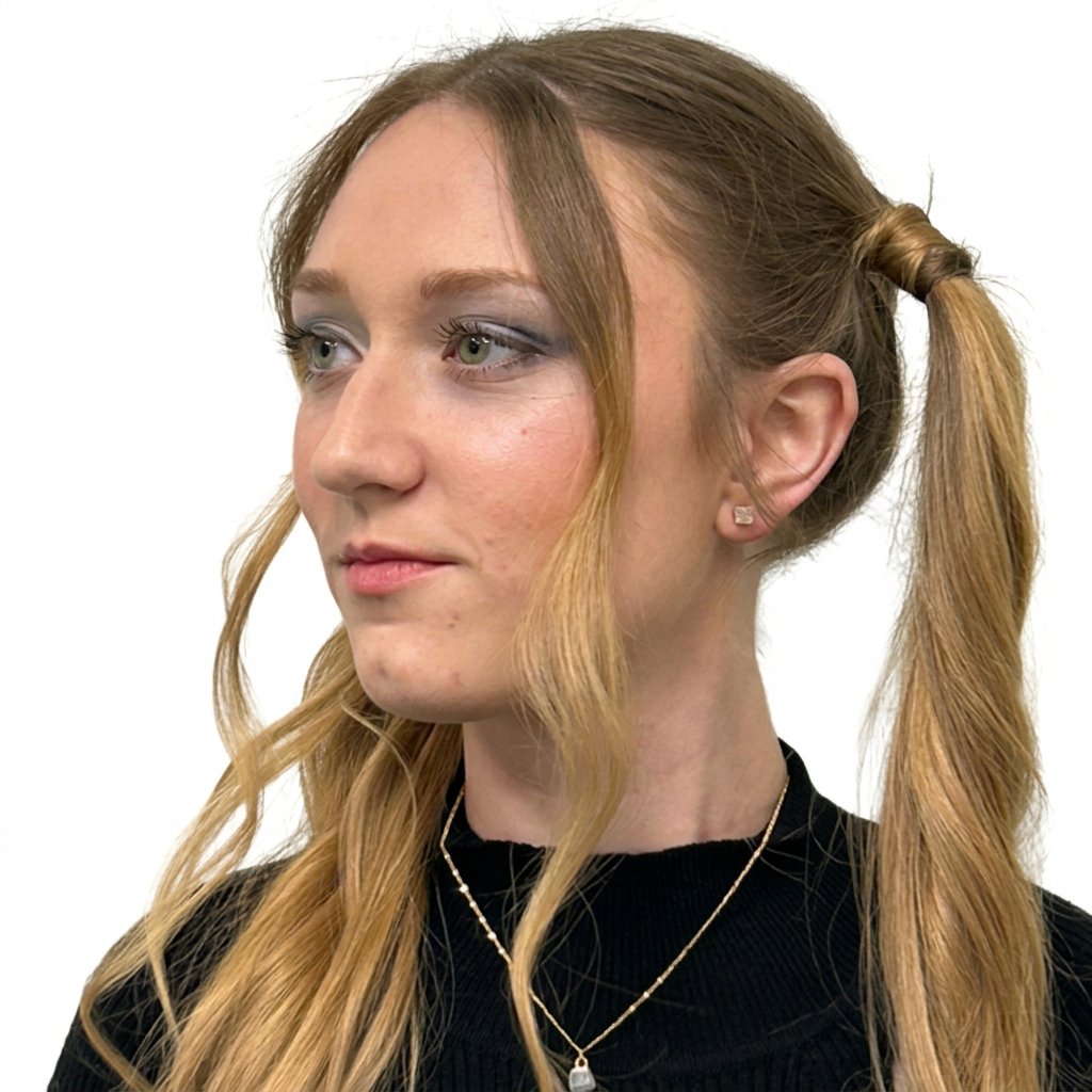 Portrait of blonde pigtail hairstyle on a white background