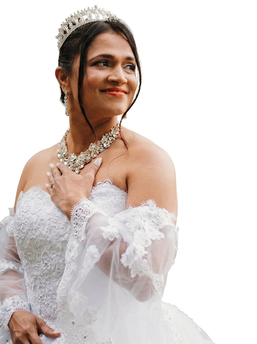 Bridal portrait with styled updo and wedding accessories on white background