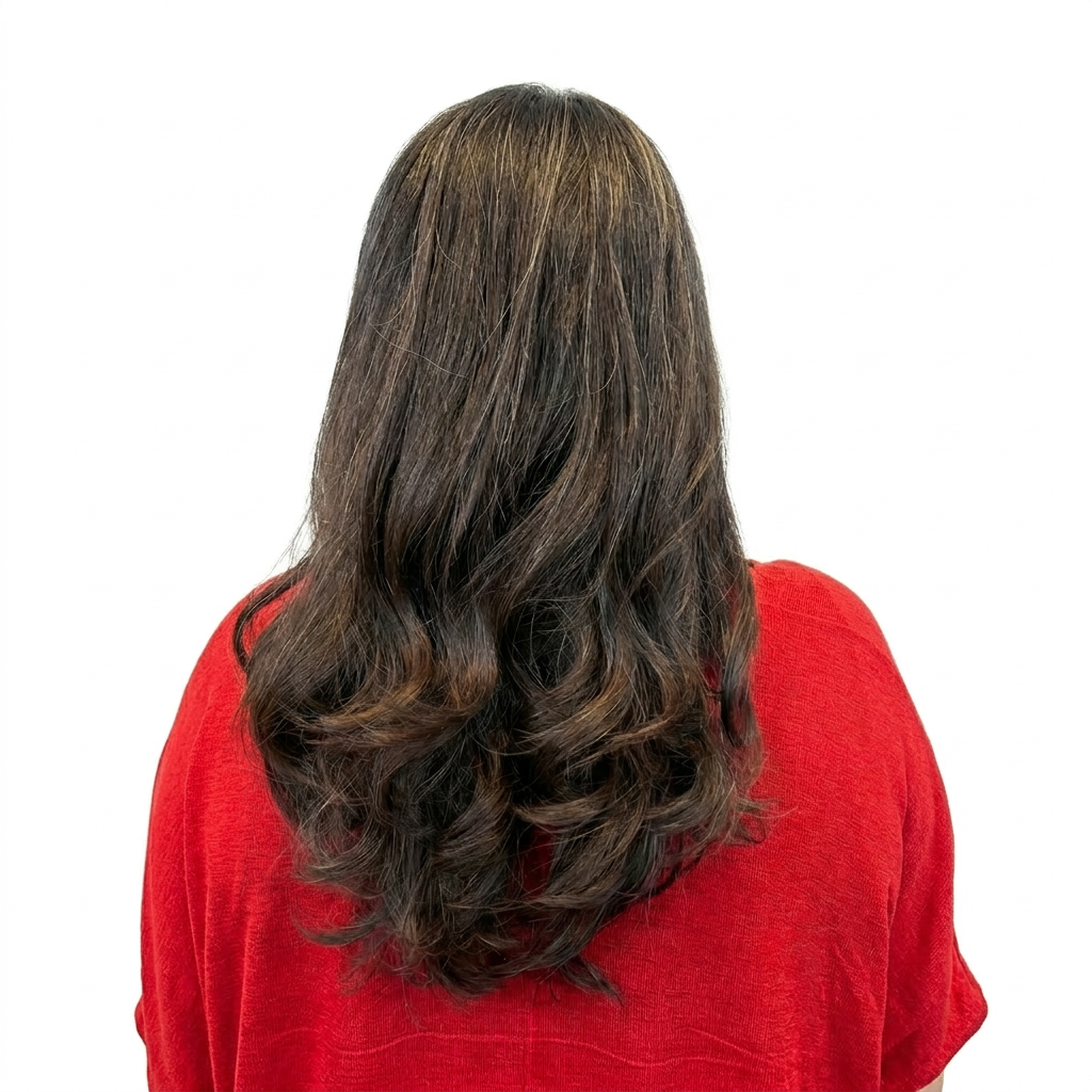 Back view of layered brunette curls on a white background