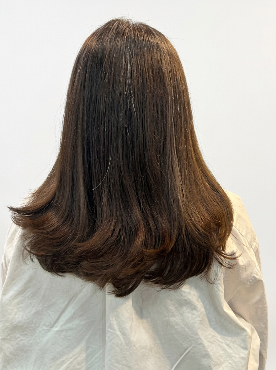 Back view of medium layered blowout on white background