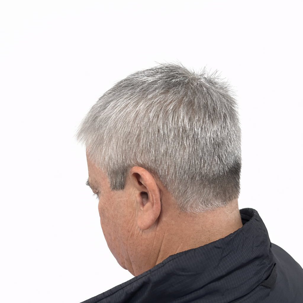 Clean men's classic short haircut with gray hair