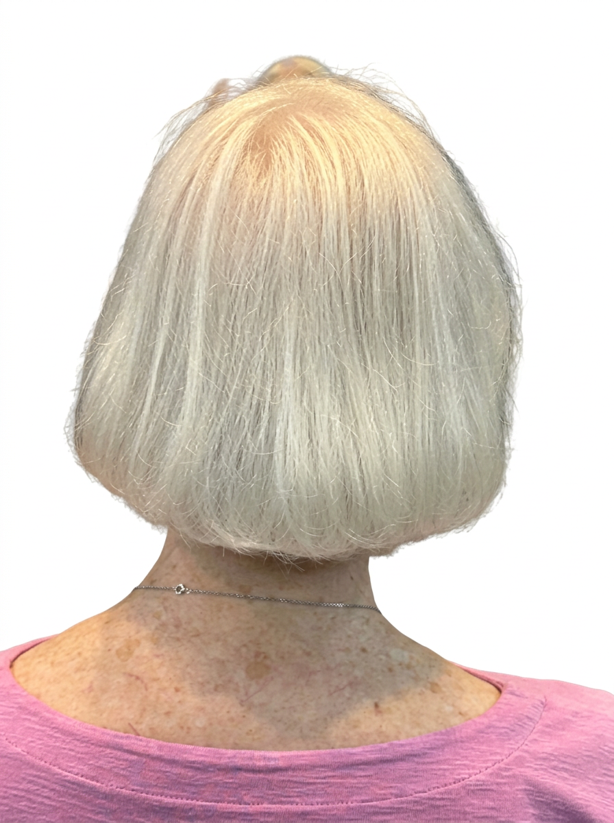 Back view of platinum blonde bob on white background