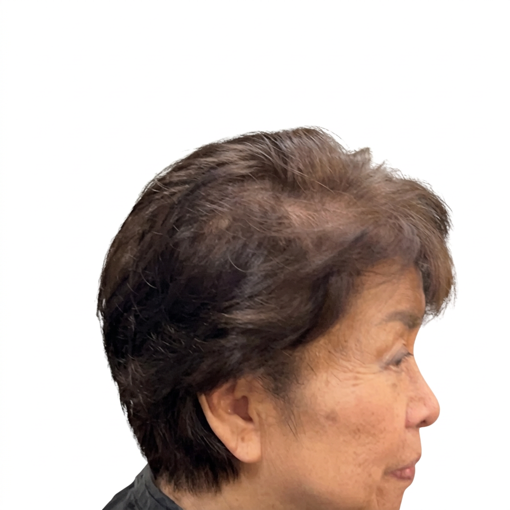Side profile short layered haircut on white background