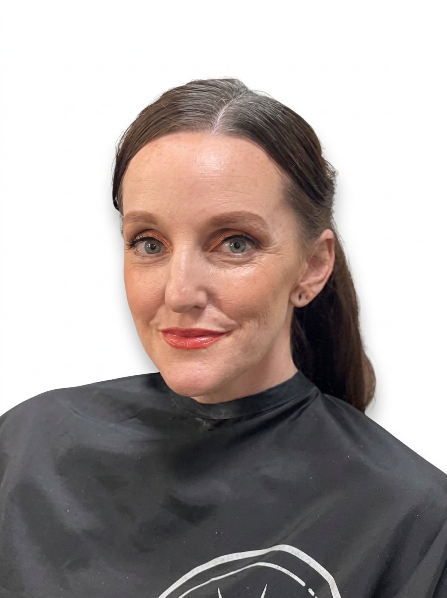 Front portrait of sleek brunette hairstyle on white background